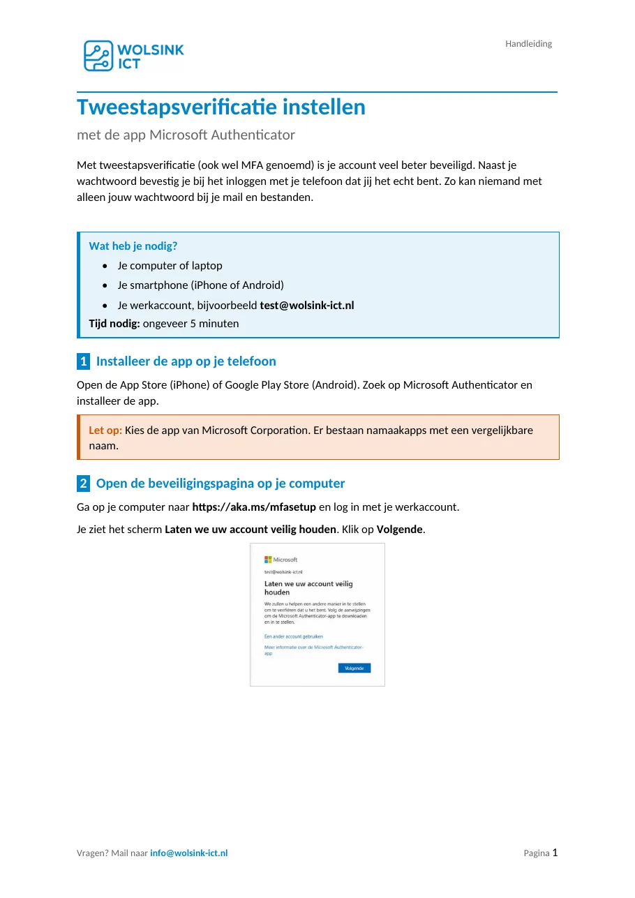 Voorbeeld: eerste pagina van de handleiding Tweestapsverificatie instellen, in de huisstijl van Wolsink ICT