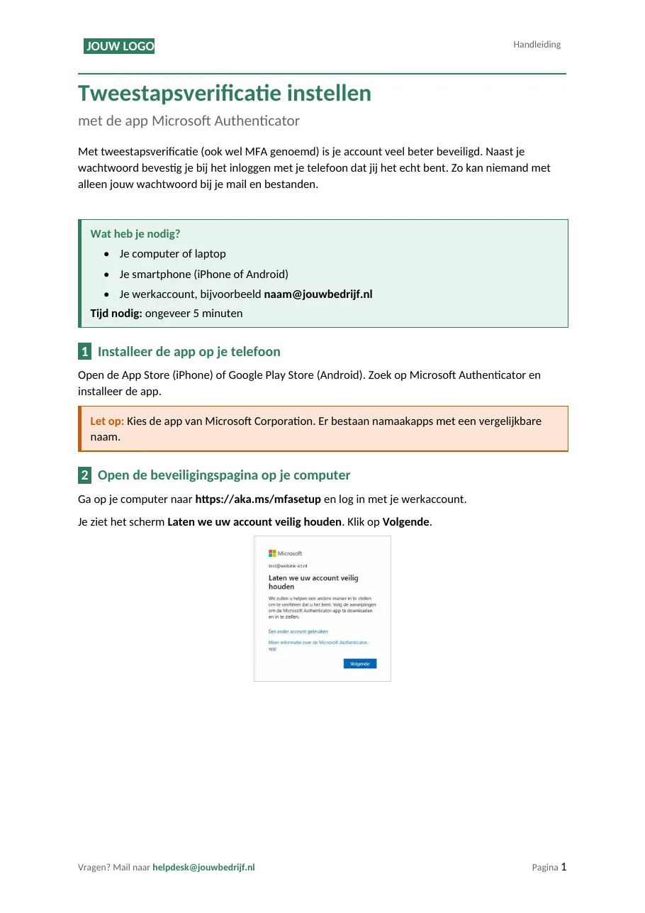 Dezelfde pagina in een andere huisstijl: plek voor jouw logo, groen als accentkleur en jouw helpdeskgegevens